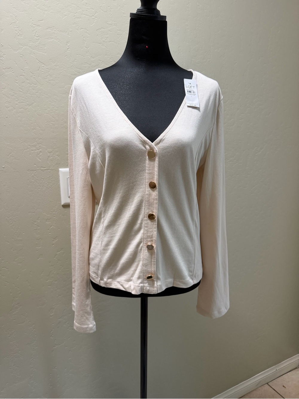LOFT Cream Button-Front V-Neck Top